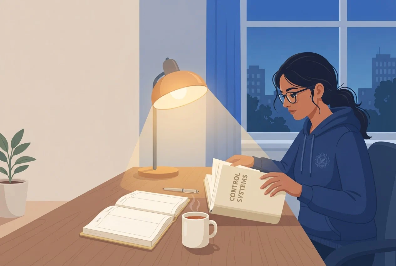 A student studies at a desk in the evening with a textbook, an open weekly planner, a lamp and a cup of tea.