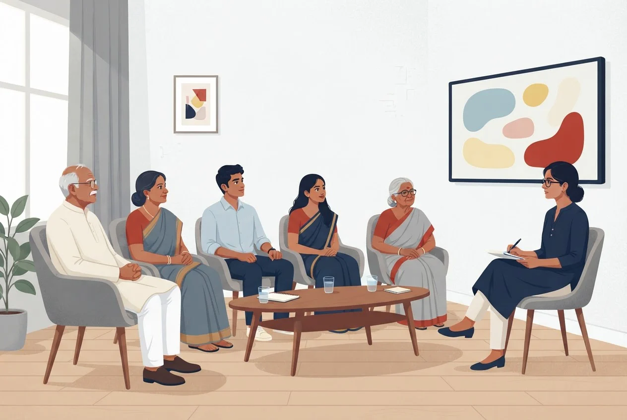 A moderator listens as five people sit around a low table watching an advertisement on a wall screen.