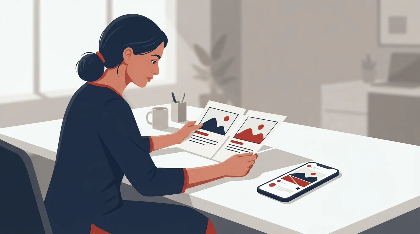 A researcher compares two storyboard frames of an advertisement at a desk, with a phone showing the finished ad beside them.