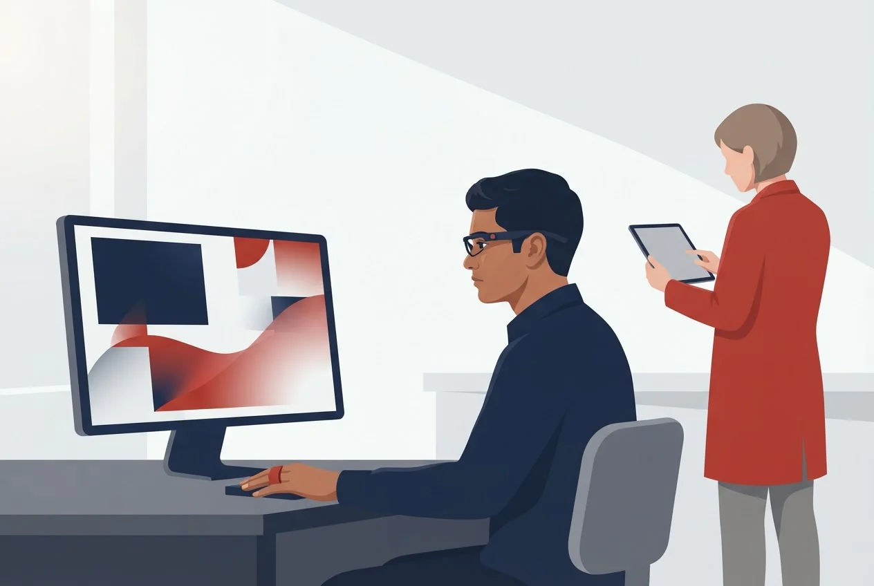 A man wearing eye-tracking glasses and a finger sensor watches a film on a monitor while a researcher looks on.
