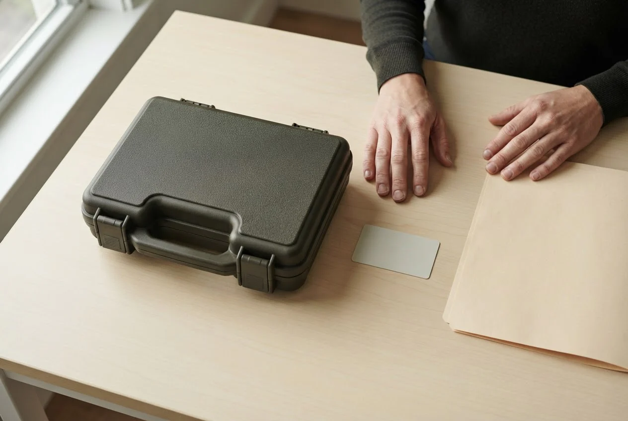 A closed handgun case on a desk beside a blank licence card and a folder, with an investigator's hands resting nearby.