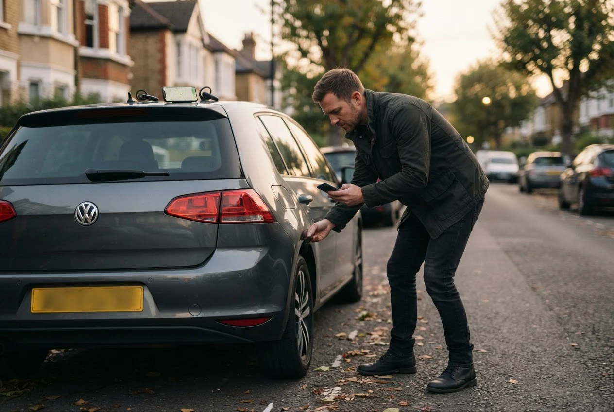 An investigator stands beside a parked car holding a phone and looking at the wheel arch where a tracker could be placed.