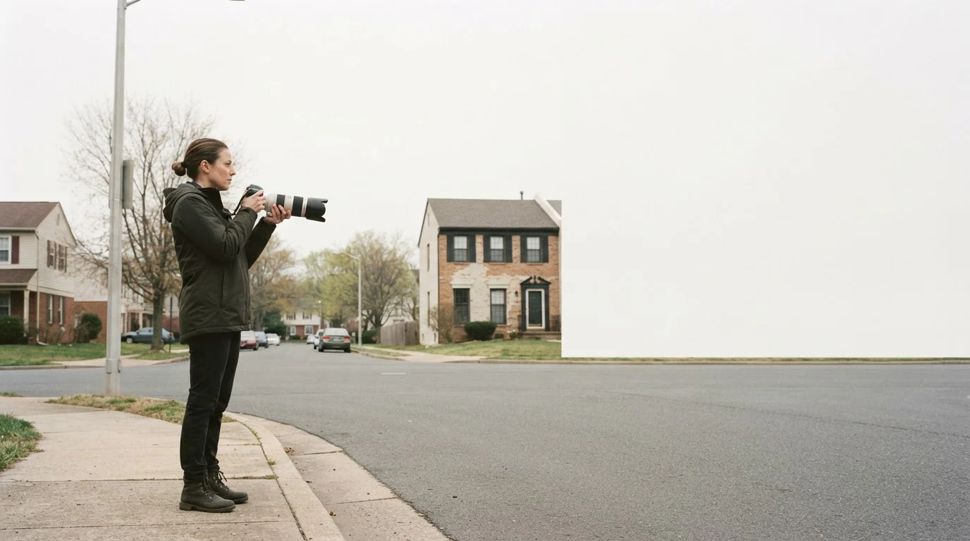 A private investigator with a long-lens camera watches a townhouse from a quiet residential street corner.