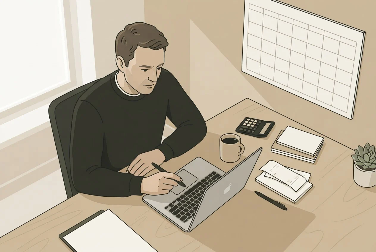 A self-employed investigator works at a home-office desk with a laptop, a calculator and stacks of receipts.