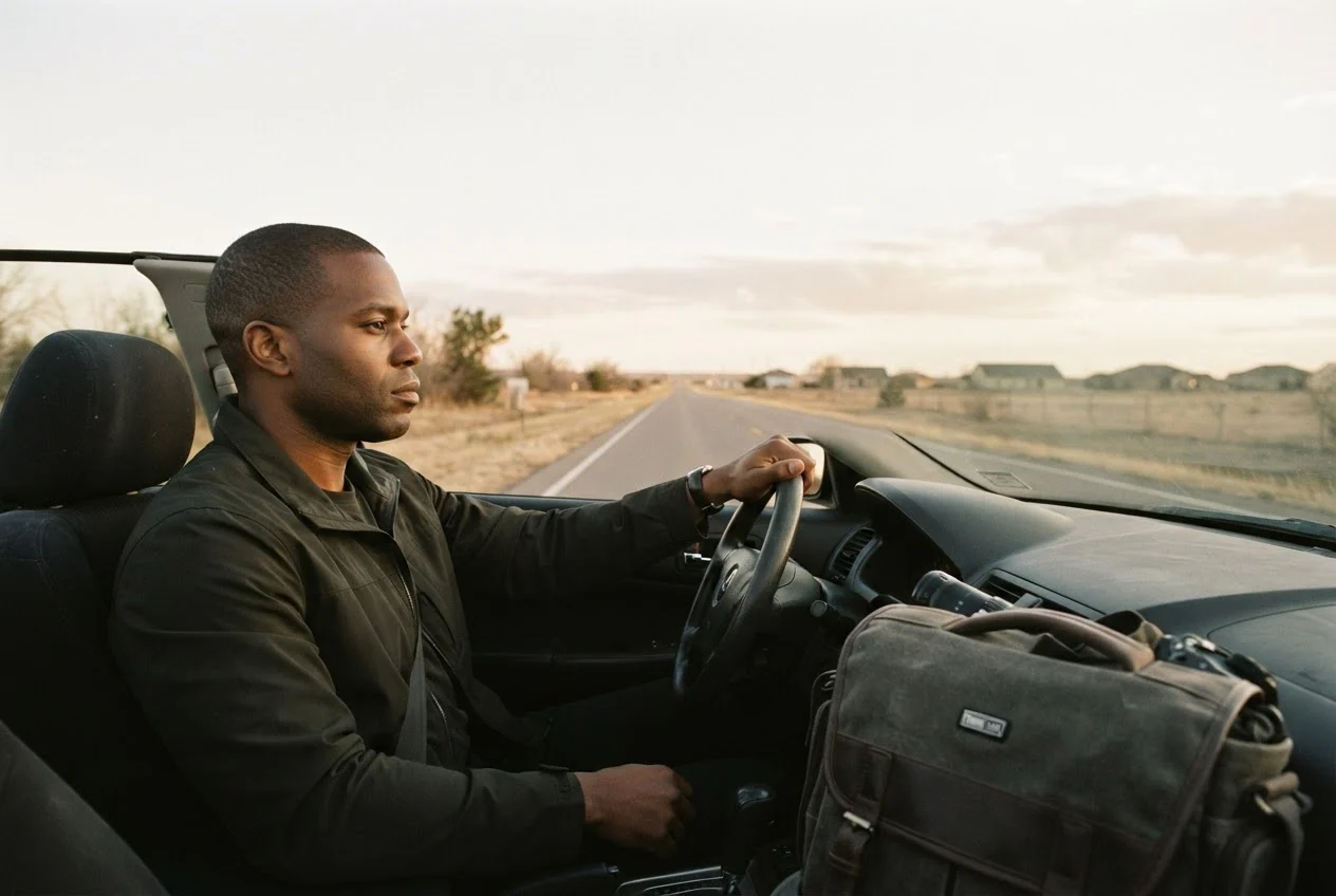 An employee investigator drives alone along a suburban road between assignments, with a camera bag on the seat.