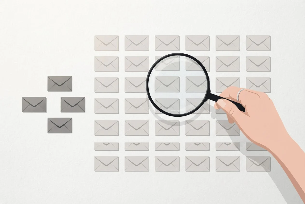 A person inspects a grid of near-identical envelopes with a magnifying glass, a few lookalikes set apart.