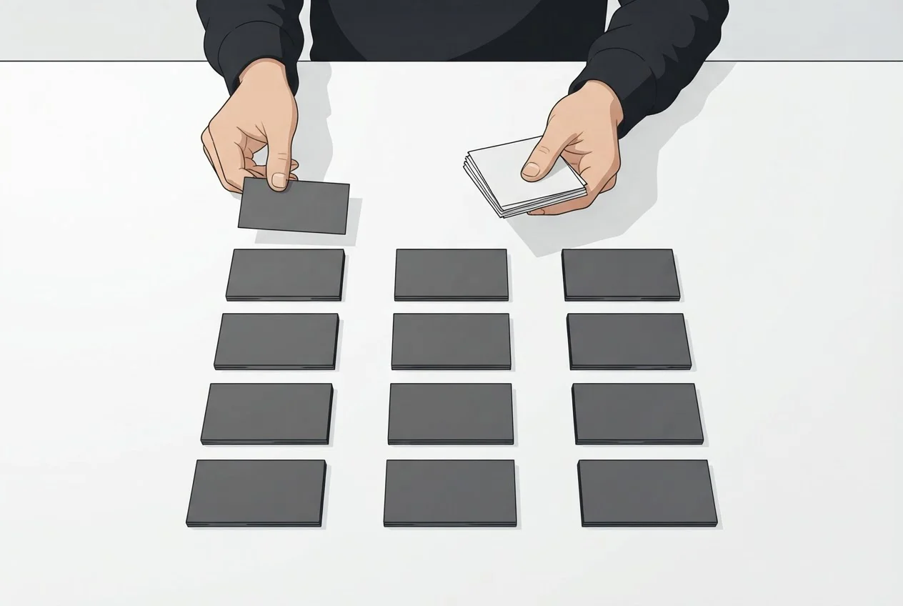 Hands arrange paper cards into ordered rows on a white desk, placing one card at the top.