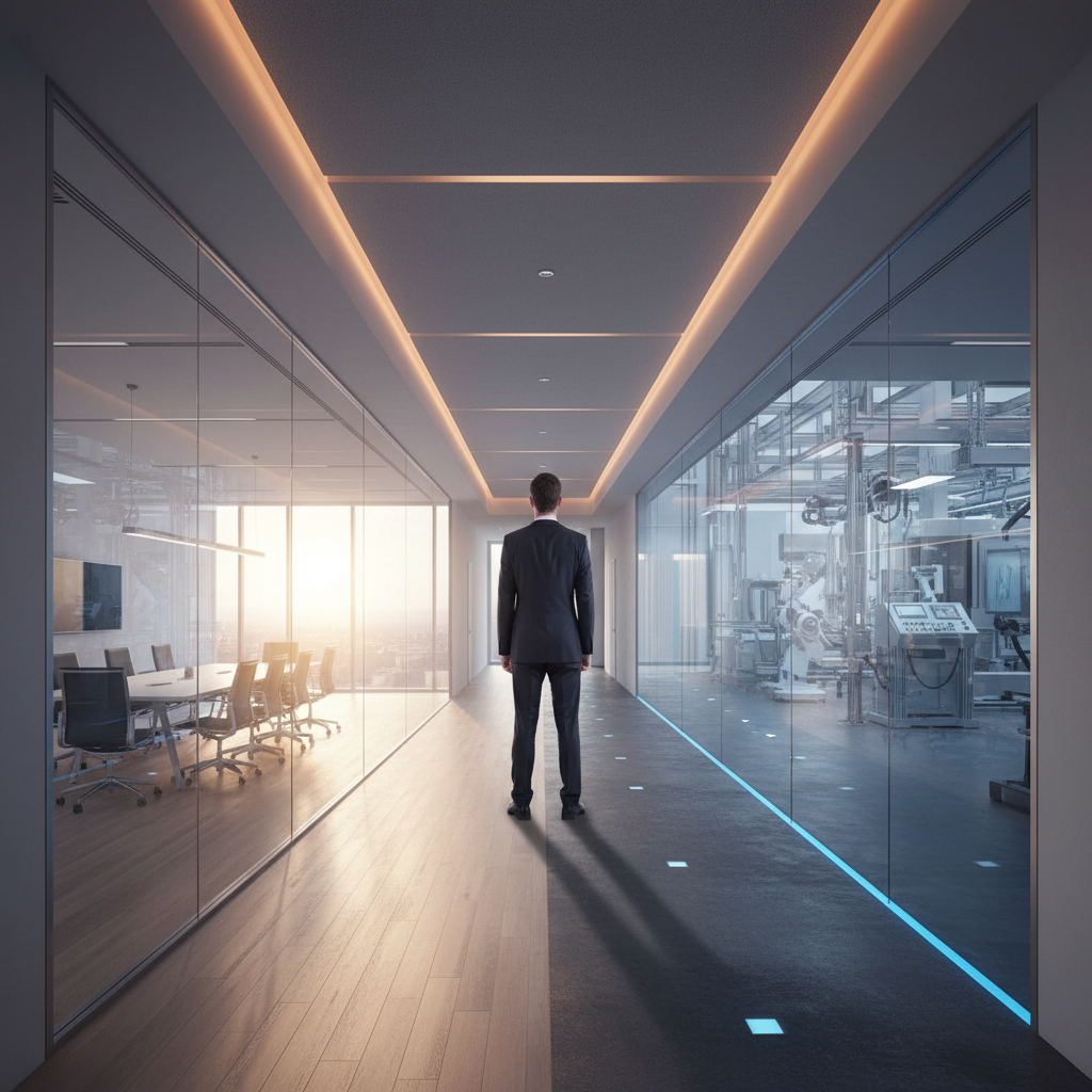 A professional standing in a modern corporate office looking at two diverging architectural paths representing operational and strategic finance tracks.