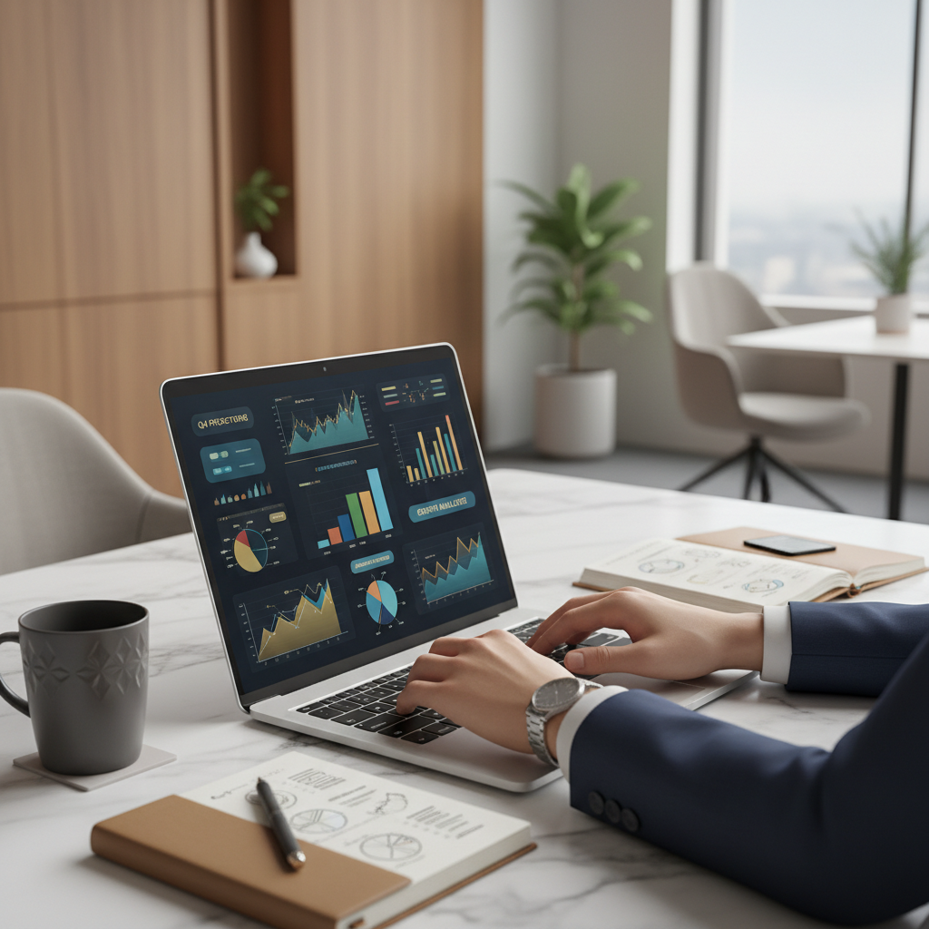 A finance professional working on complex financial forecasting models on a laptop at a modern marble desk.