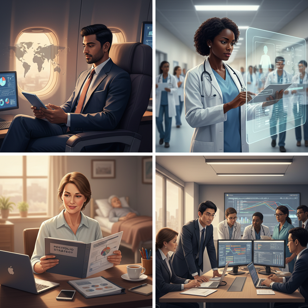 Four senior professionals with different scheduling realities studying for PfMP