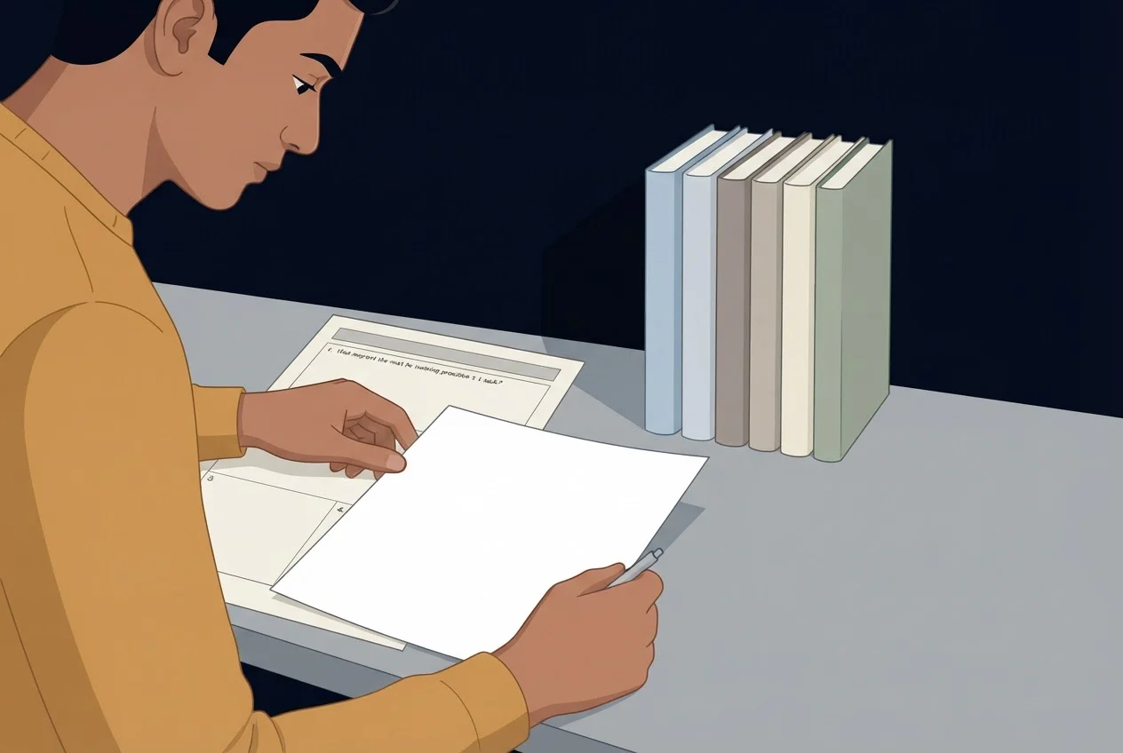 A student covers the lower half of a practice page with a blank sheet while seven plain booklets stand beside him.