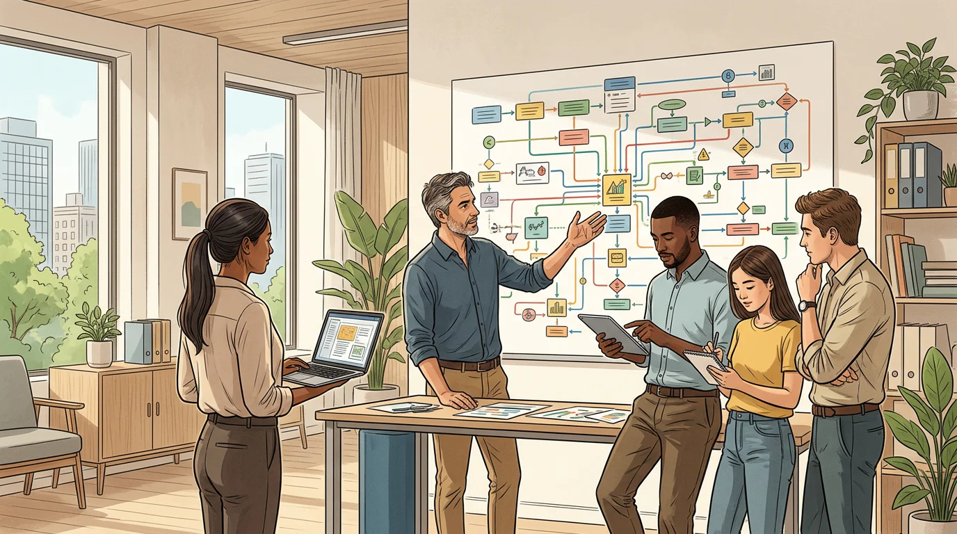 Founder and team mapping one business workflow