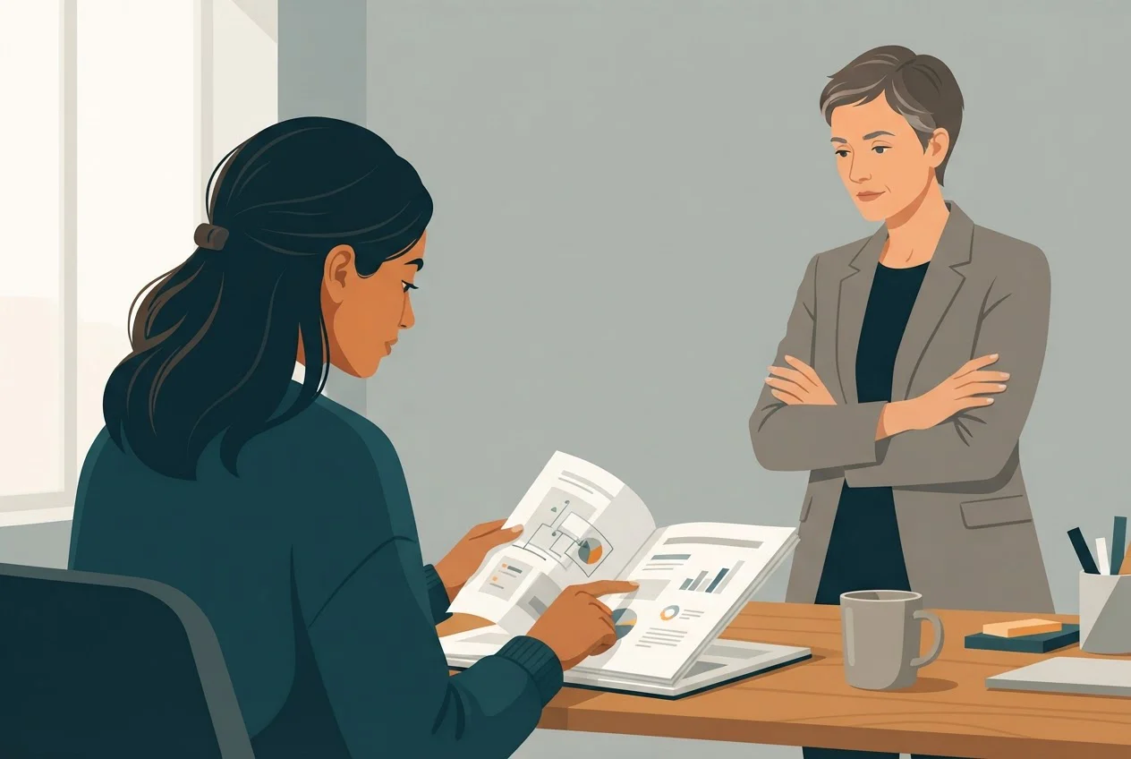 A new project manager searches a printed plan while a senior colleague looks on at a shared desk.