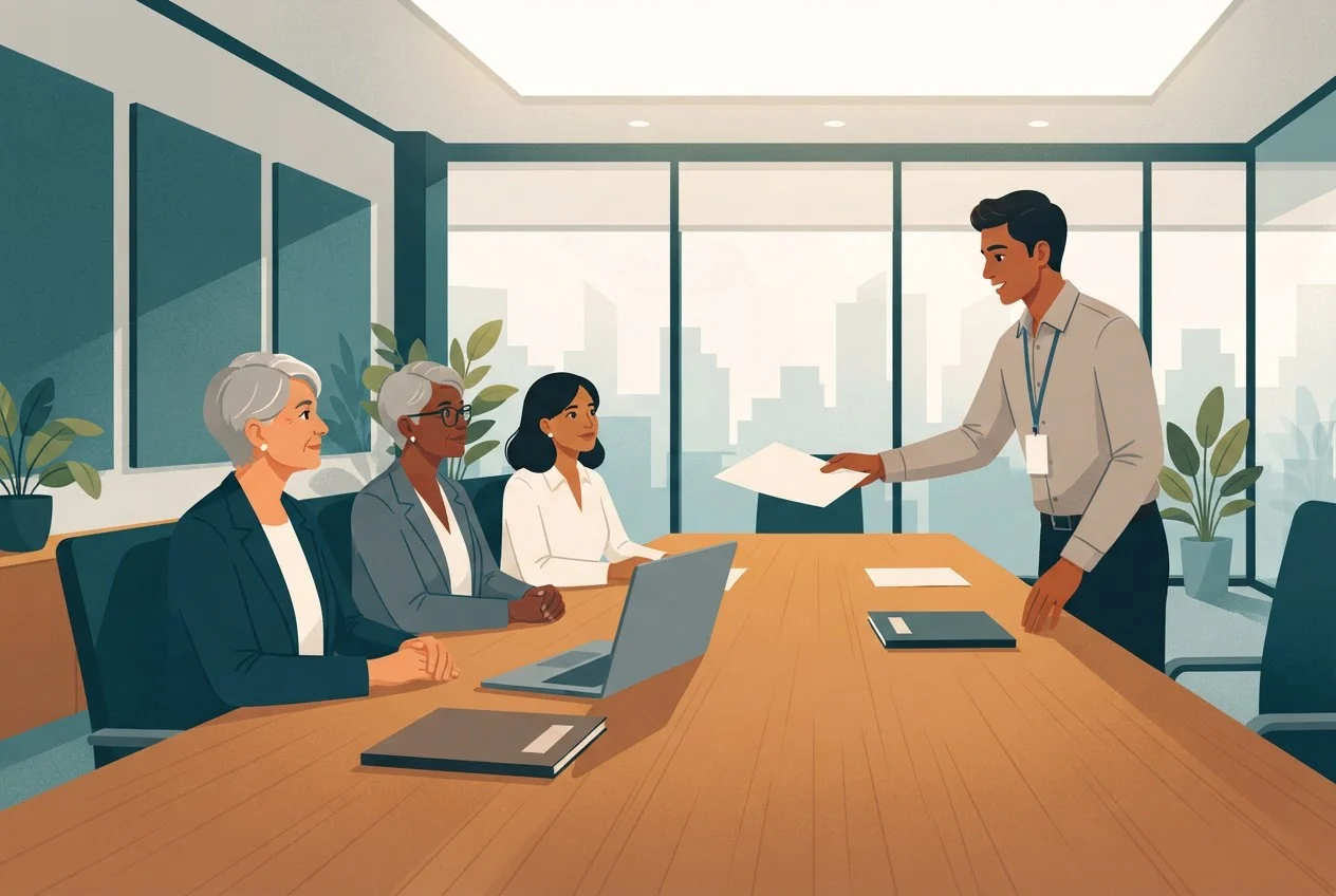 A project manager passes a single page to three seated committee members across a meeting-room table.