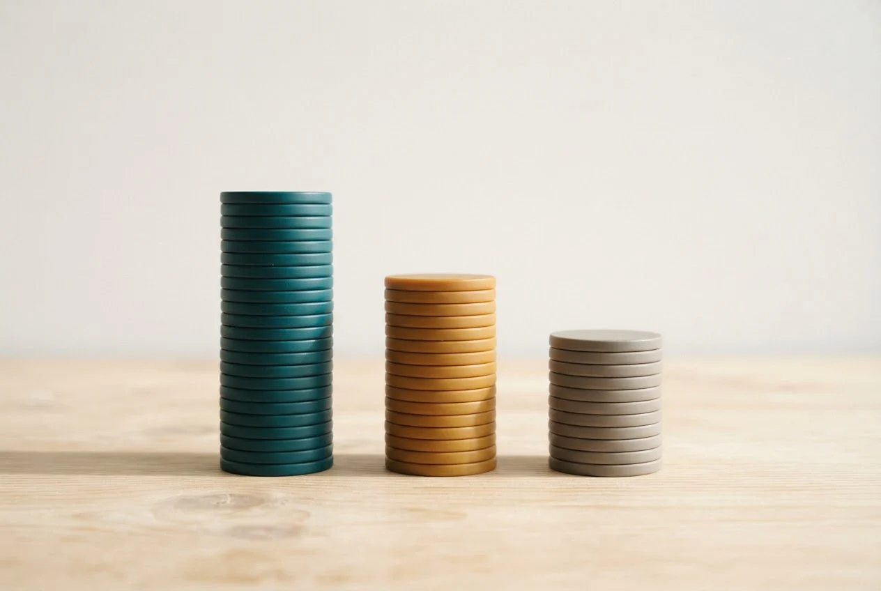 Three stacks of coins in different heights and colours stand side by side on a table.