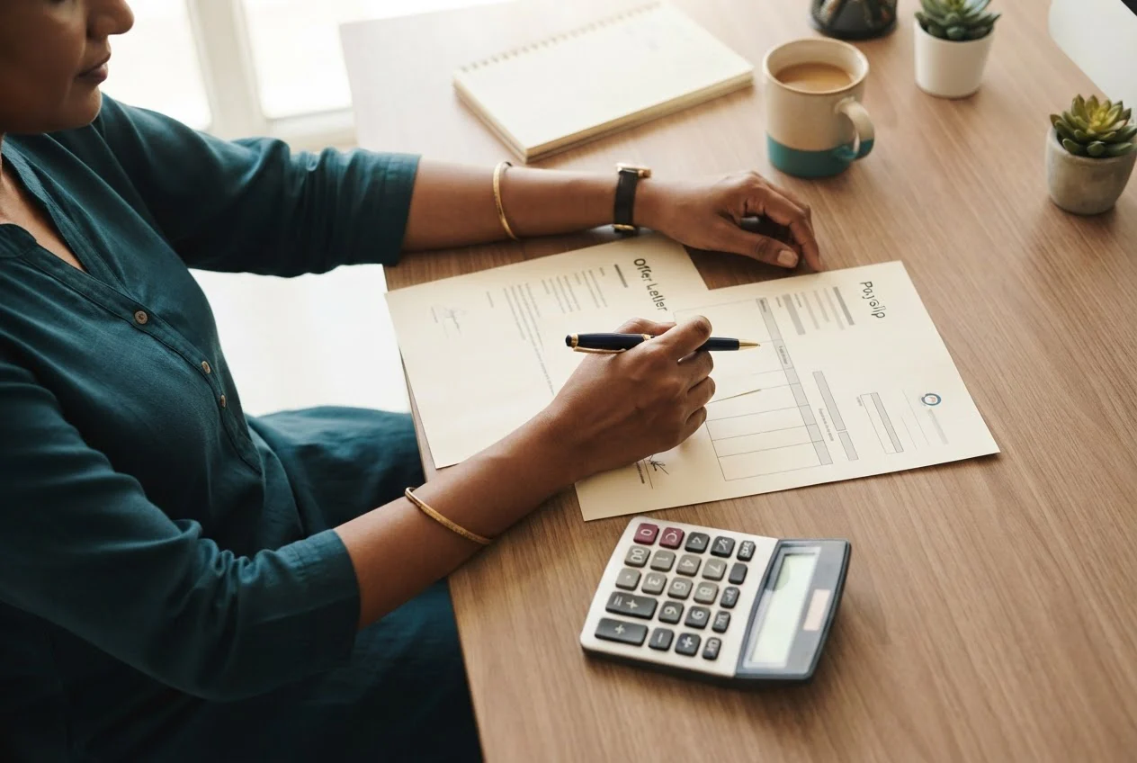 Hands rest on a desk beside a calculator, an offer letter and a payslip laid side by side.