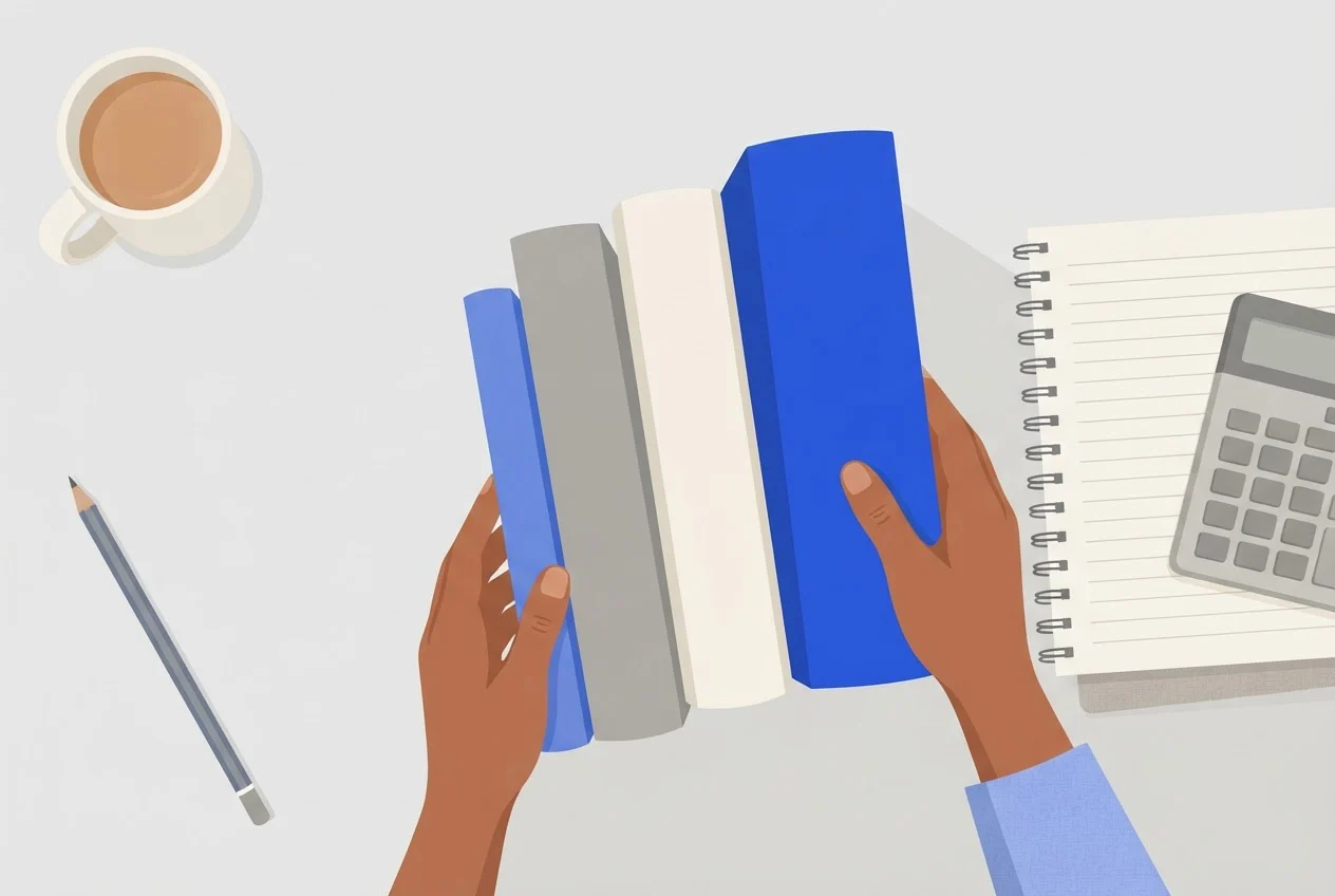 A student's hands arrange four textbooks of different thicknesses on a desk beside a notepad and calculator.