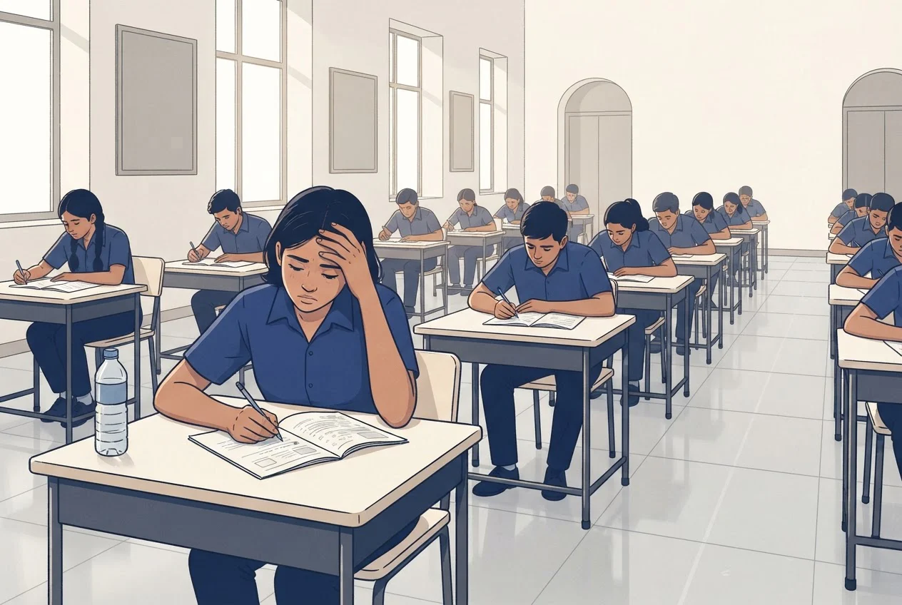 Students sit writing at single desks in a quiet examination hall, one of them looking tired.