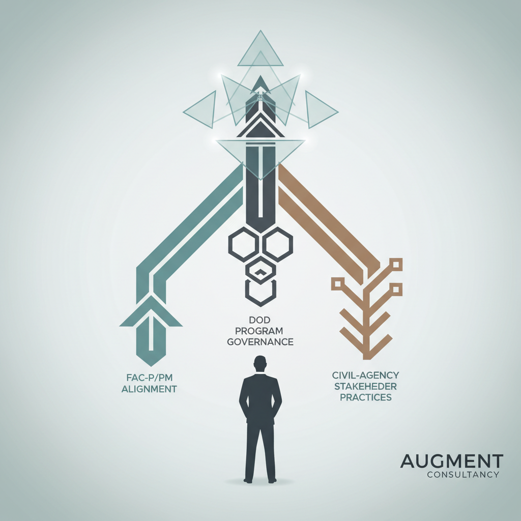 An abstract representation of decision pathways mapping federal, defense, and civil agency program management requirements.