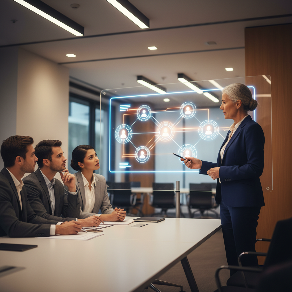 A professional workshop setting where a senior program manager presents a complex stakeholder governance model to a group.