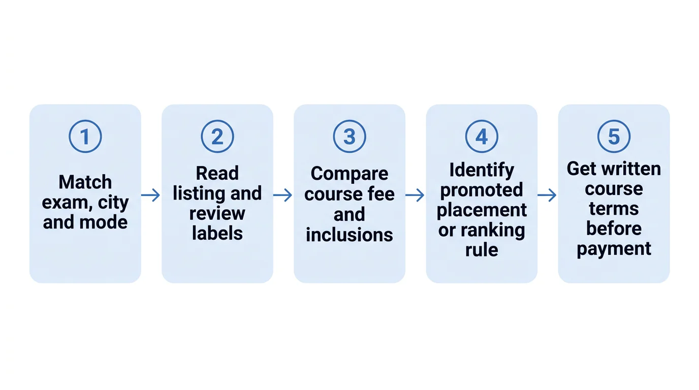 A five-step horizontal checklist for comparing coaching directory results before contacting an institute.