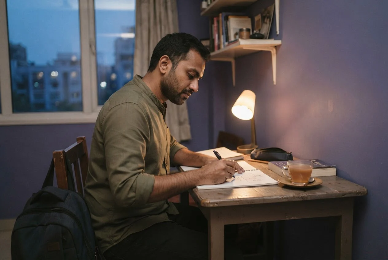A man works on a hand-made project at a desk in the evening after his workday.