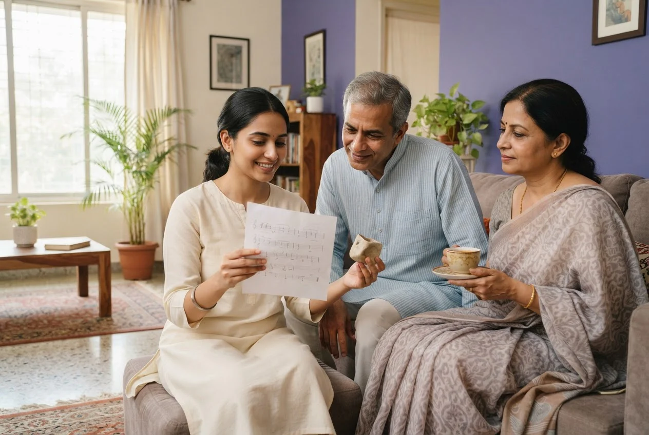 A young woman shows her parents a scored sheet and something she made in a living room.