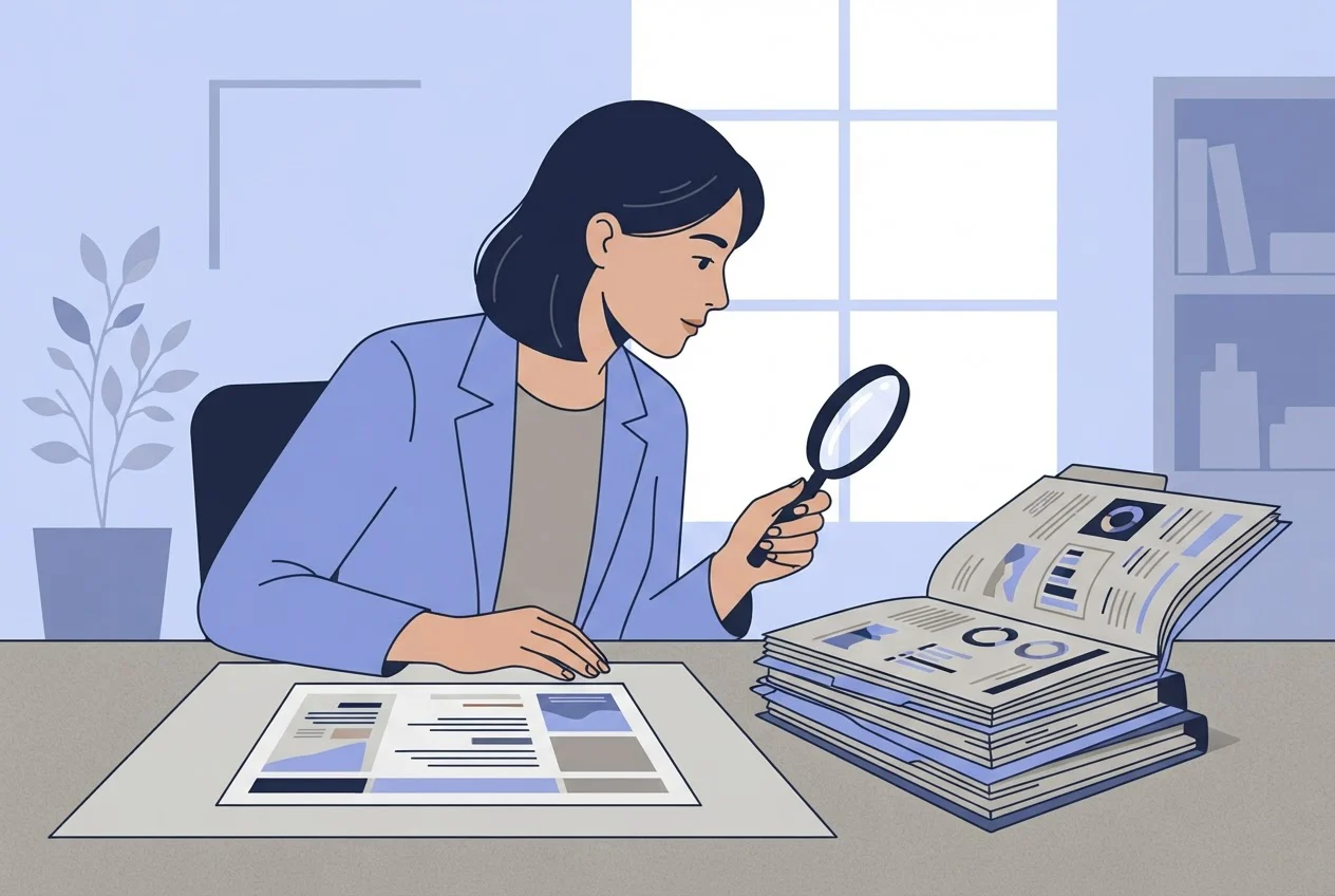 A reviewer compares a printed ad mock-up with a stack of research folders, holding a magnifying glass over the folders.