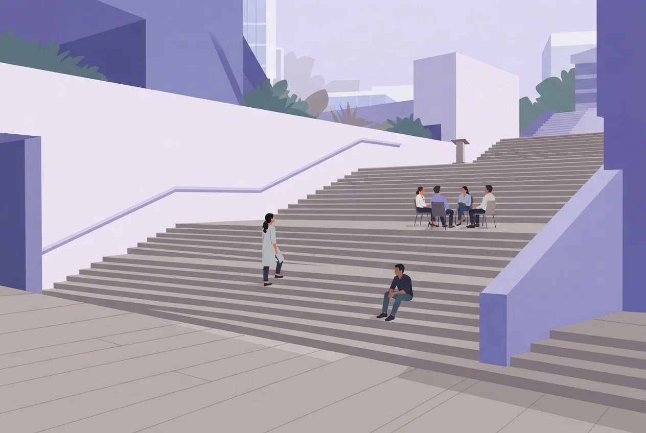 A person stands partway up a wide flight of steps leading to a lectern, with small groups seated on the lower steps.