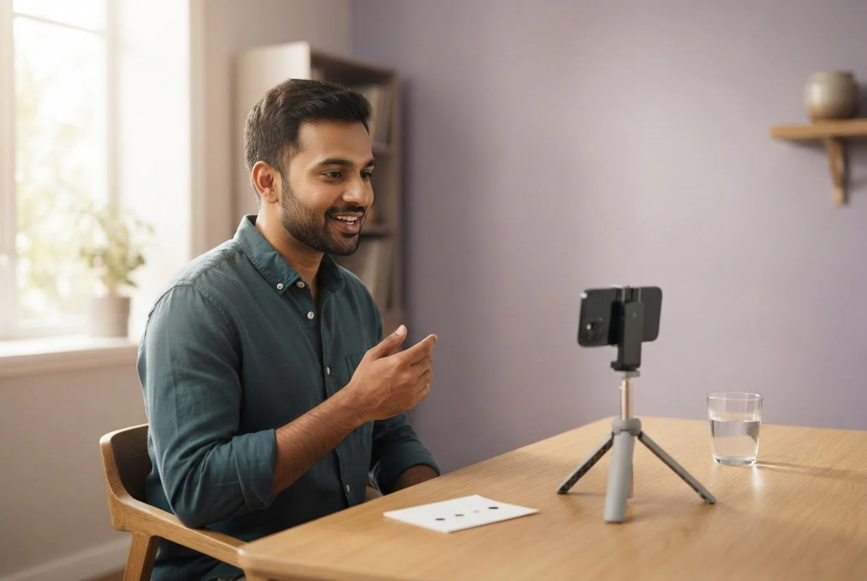 A man practises a talk aloud at his desk while a phone on a stand records him.
