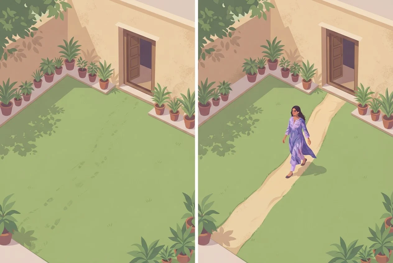 Two views of the same courtyard, one with a faint trail across the grass and one with a clearly worn path.