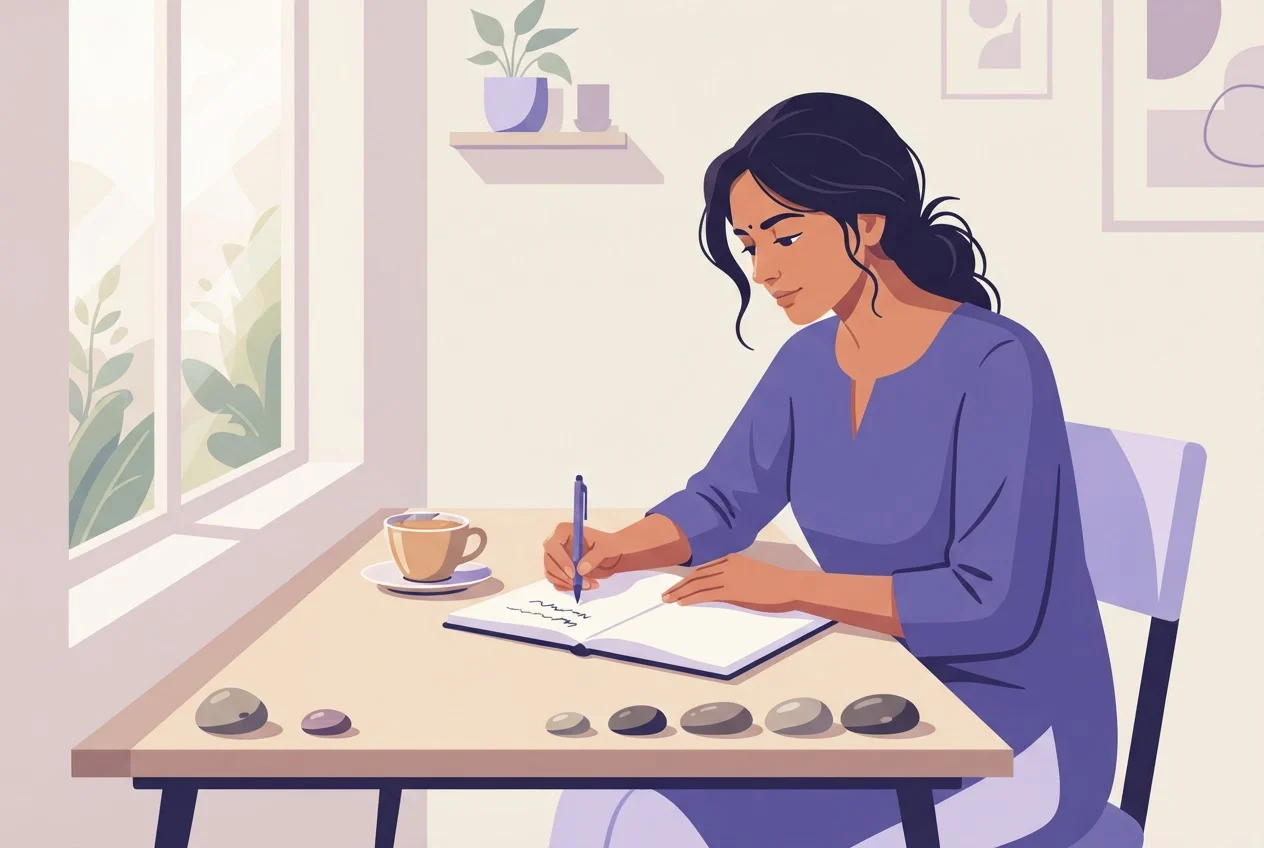 A woman writes a single plan in a notebook at her desk, with seven small stones lined up beside it.