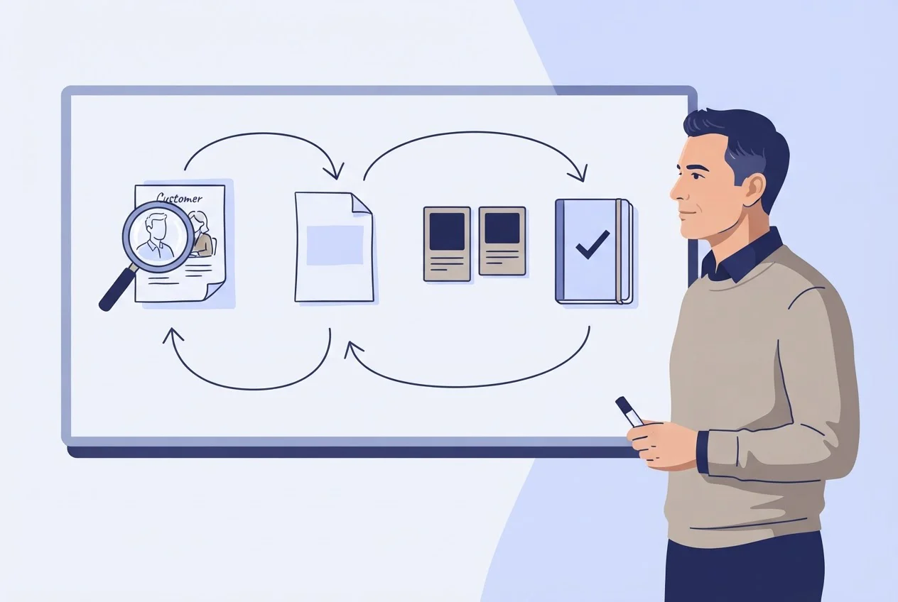 A strategist stands beside a board showing four stations connected in a loop: research, a brief, a test and a notebook.