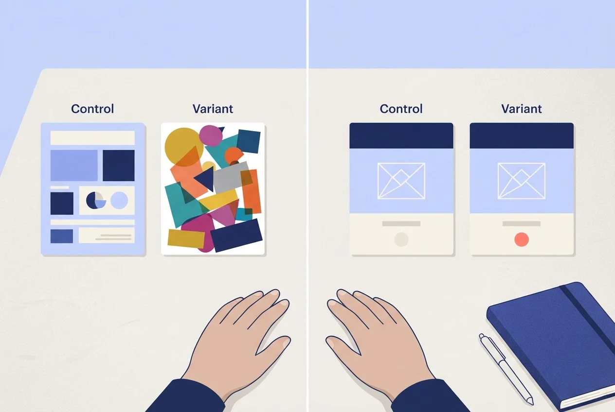 Two pairs of ad cards on a table: one pair differs in many ways, the other differs in only one element.