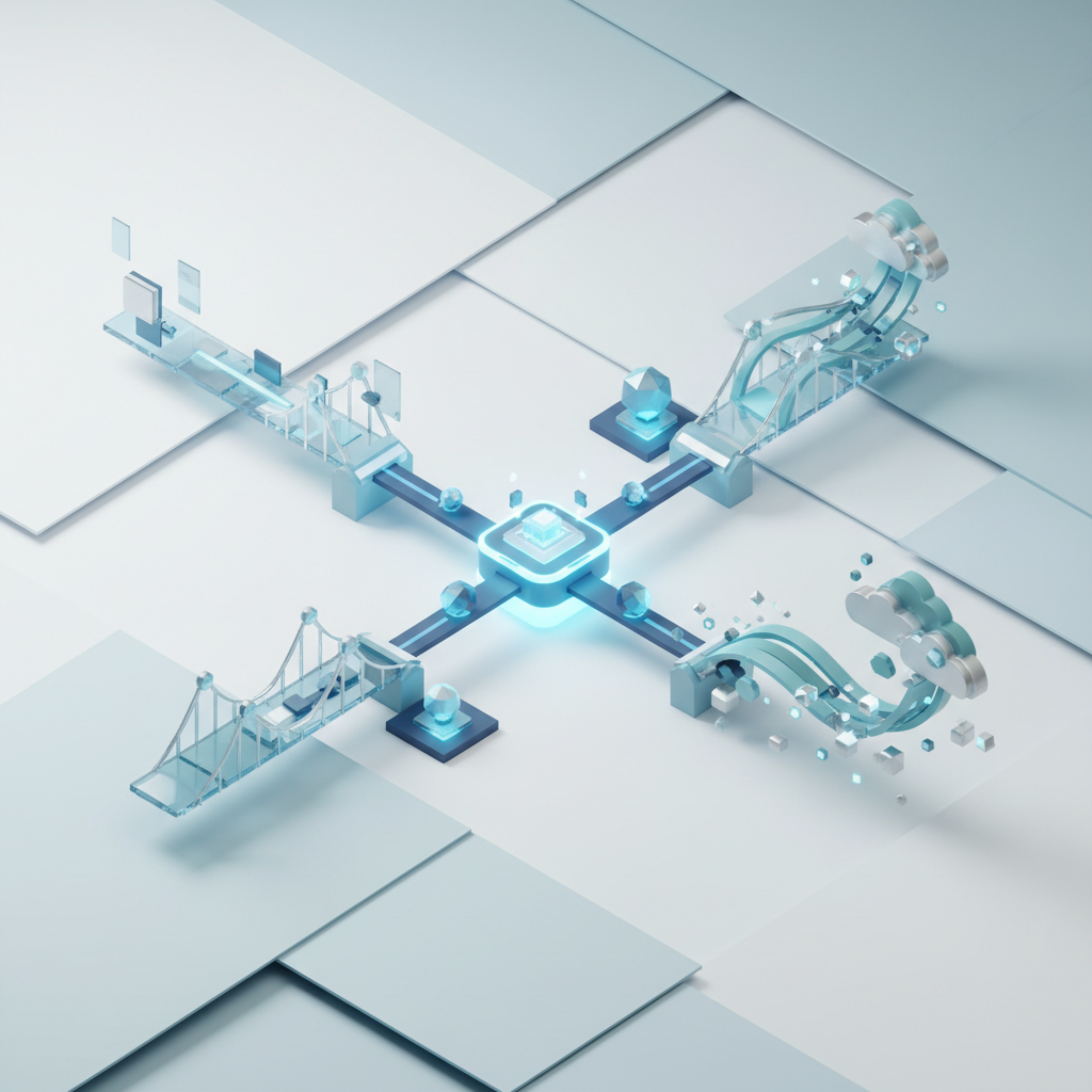 Isometric 3D illustration of a glowing data pipeline branching into three distinct paths, representing different cloud migration strategies.