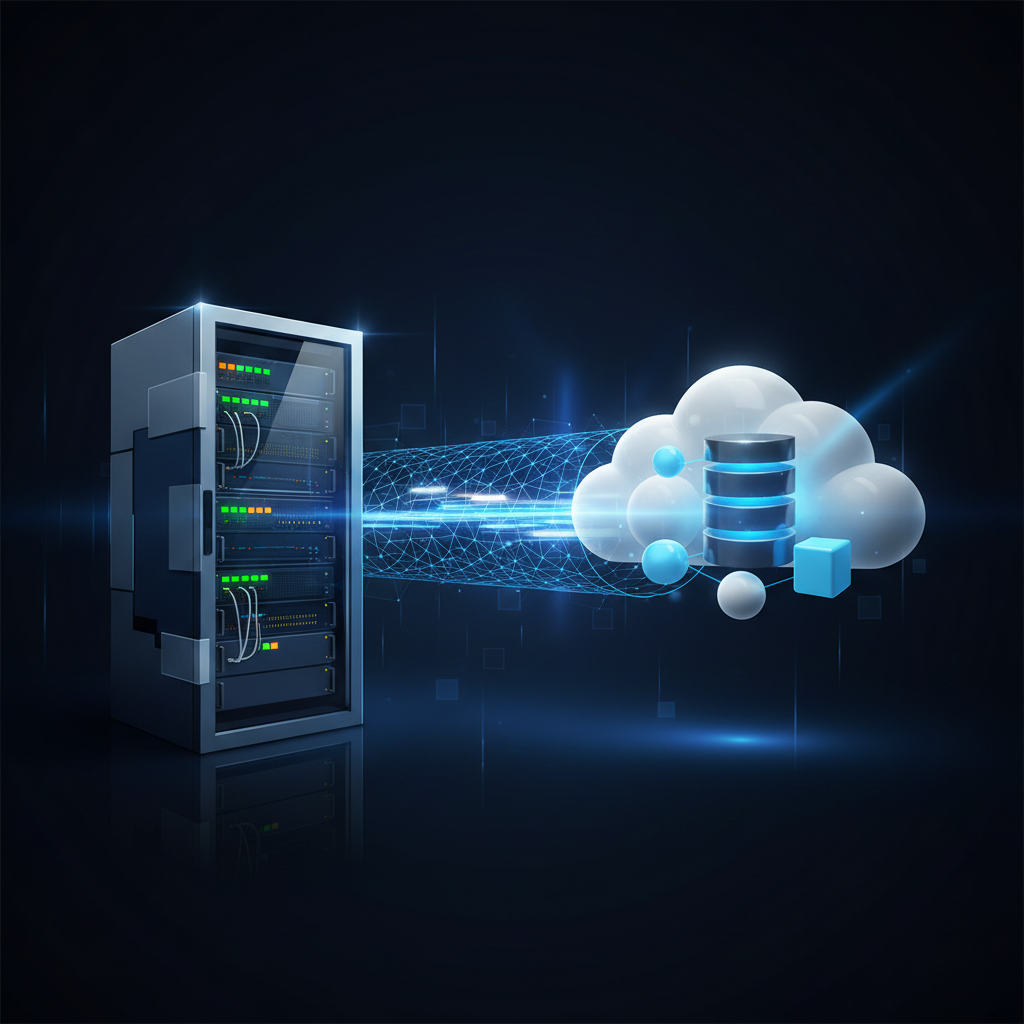 Conceptual illustration of a secure, glowing network tunnel connecting a physical server rack to a cloud database cluster.