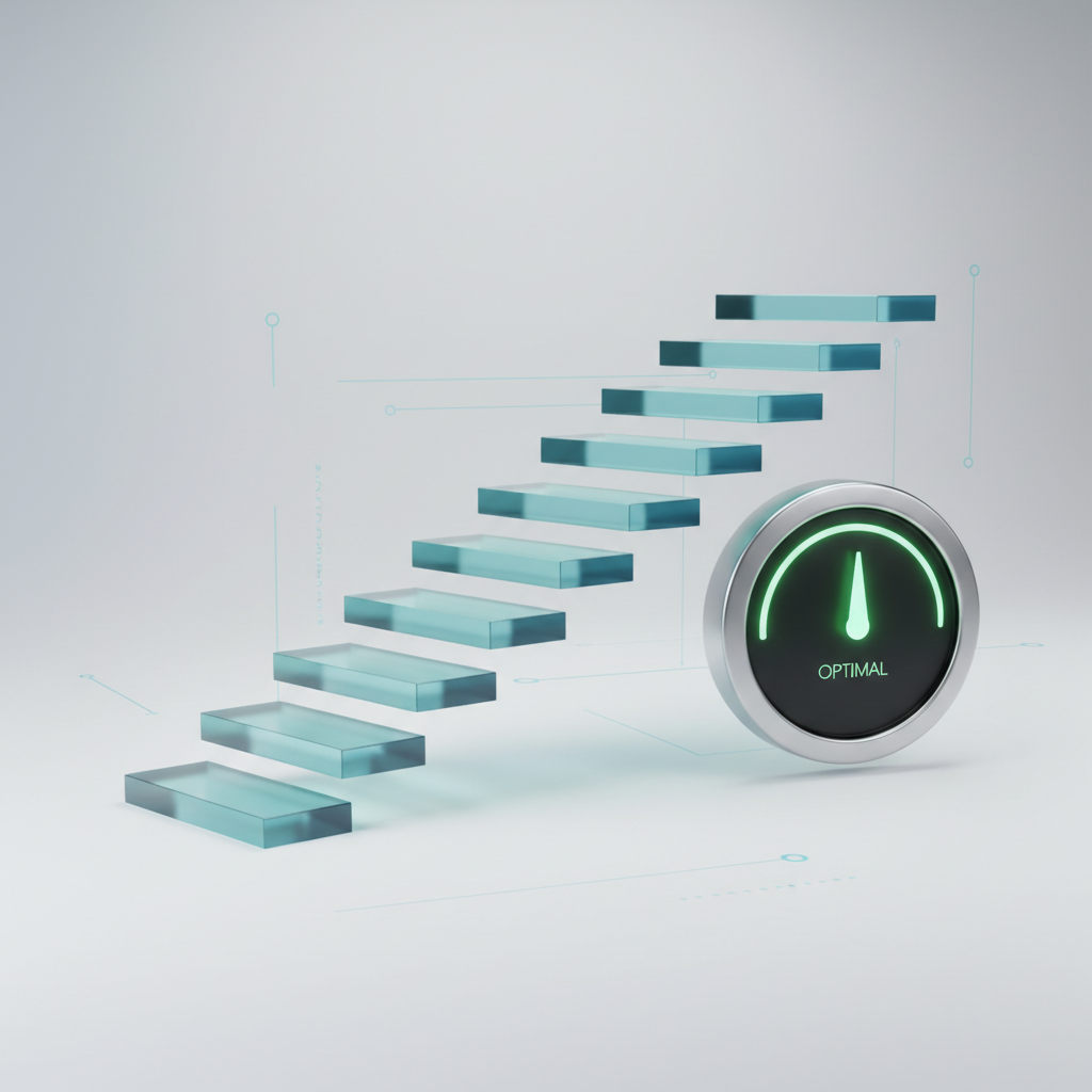 Abstract 3D sequence of steps rising upward, with a glowing dial indicating optimization and cost control.