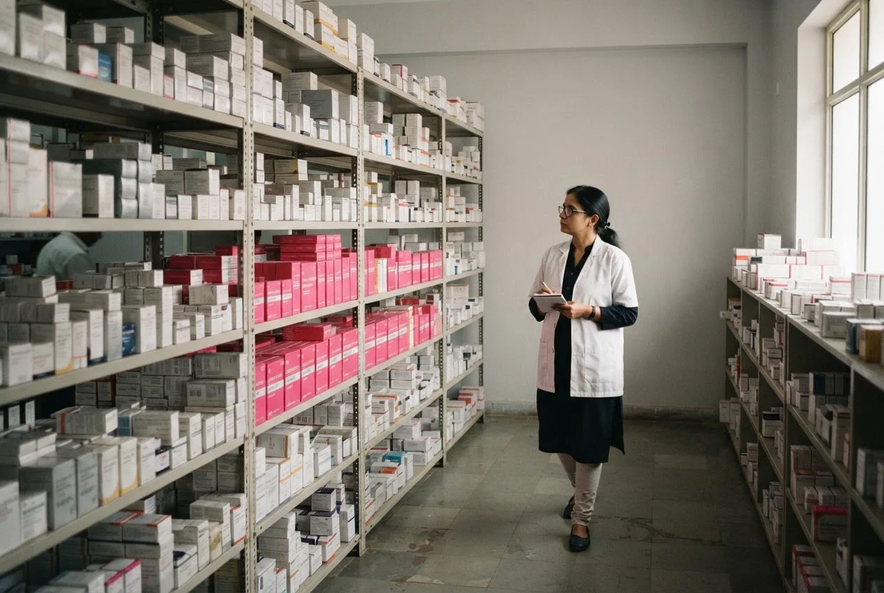 A pharmacist in a hospital drug store looks along shelves where only a few bays hold pink-marked boxes among many plain ones.