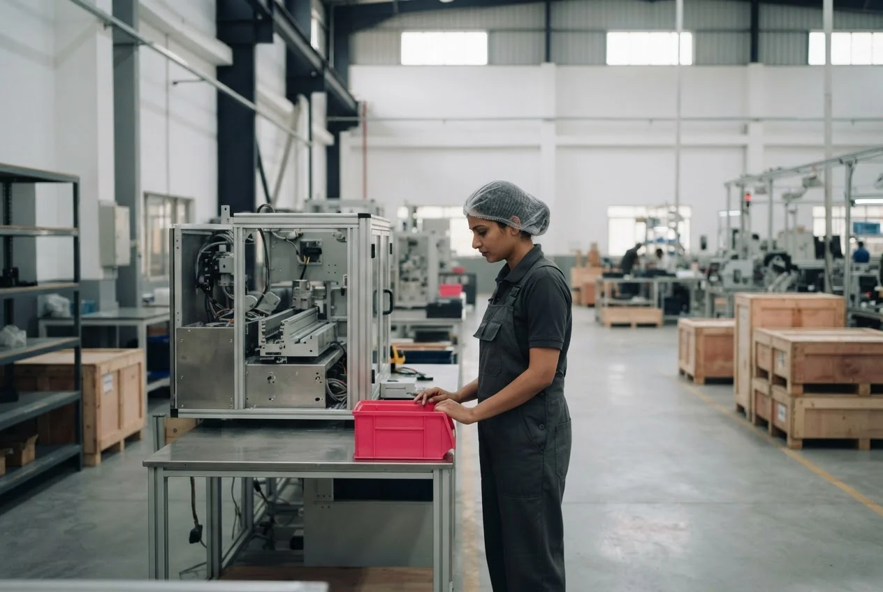 A technician looks into an empty small parts bin beside a stalled half-assembled machine on a factory line.