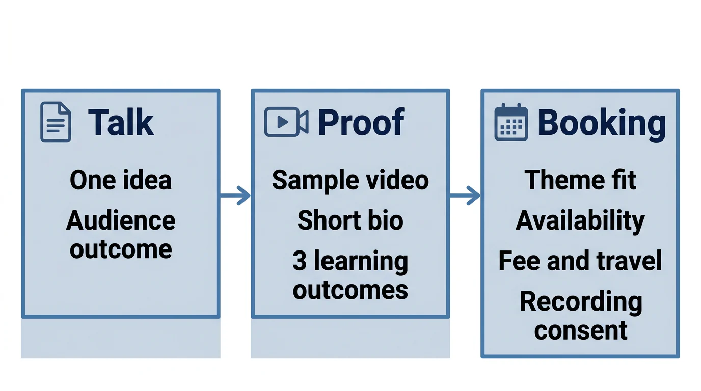 A left-to-right diagram showing talk design, proof assets and booking terms for an aspiring speaker.
