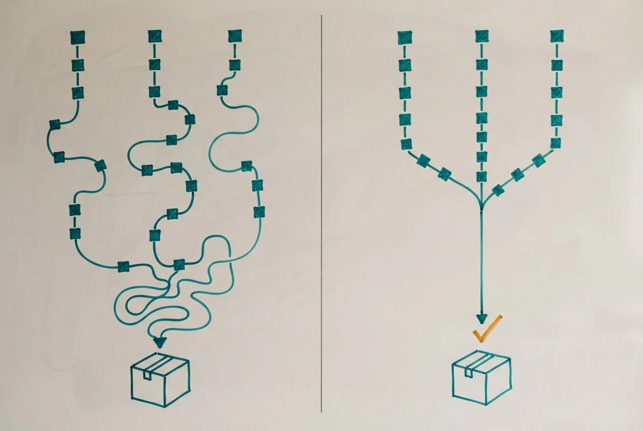 A whiteboard shows three separate task tracks on a long winding route on the left and the same tracks merged into one short route on the right.
