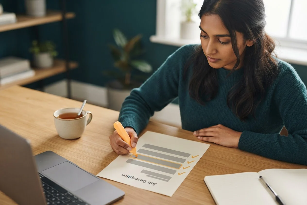 A professional at a desk highlights the first three responsibilities on a printed job posting.