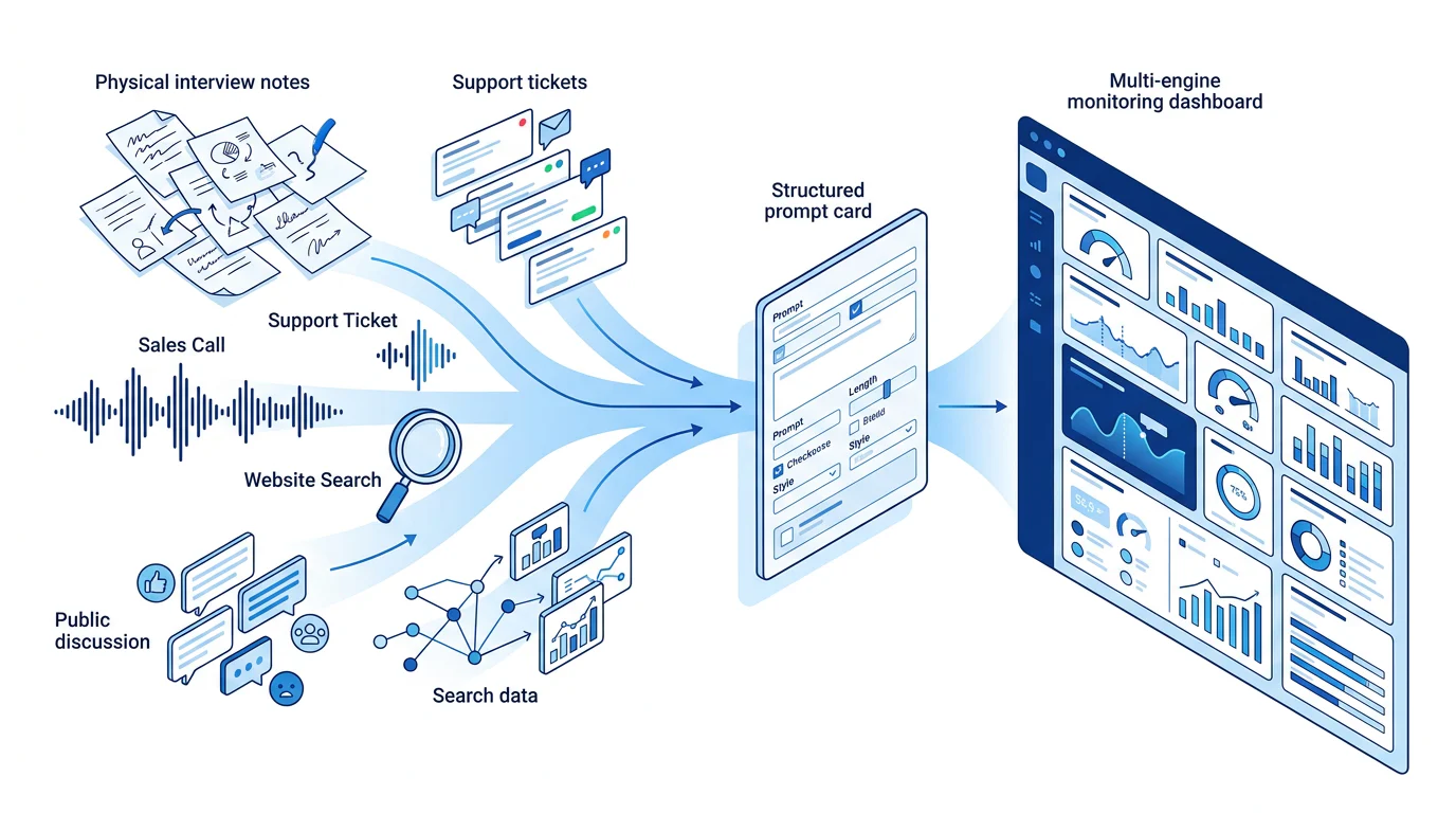 Evidence-first workflow from raw buyer language to monitored AI prompt set