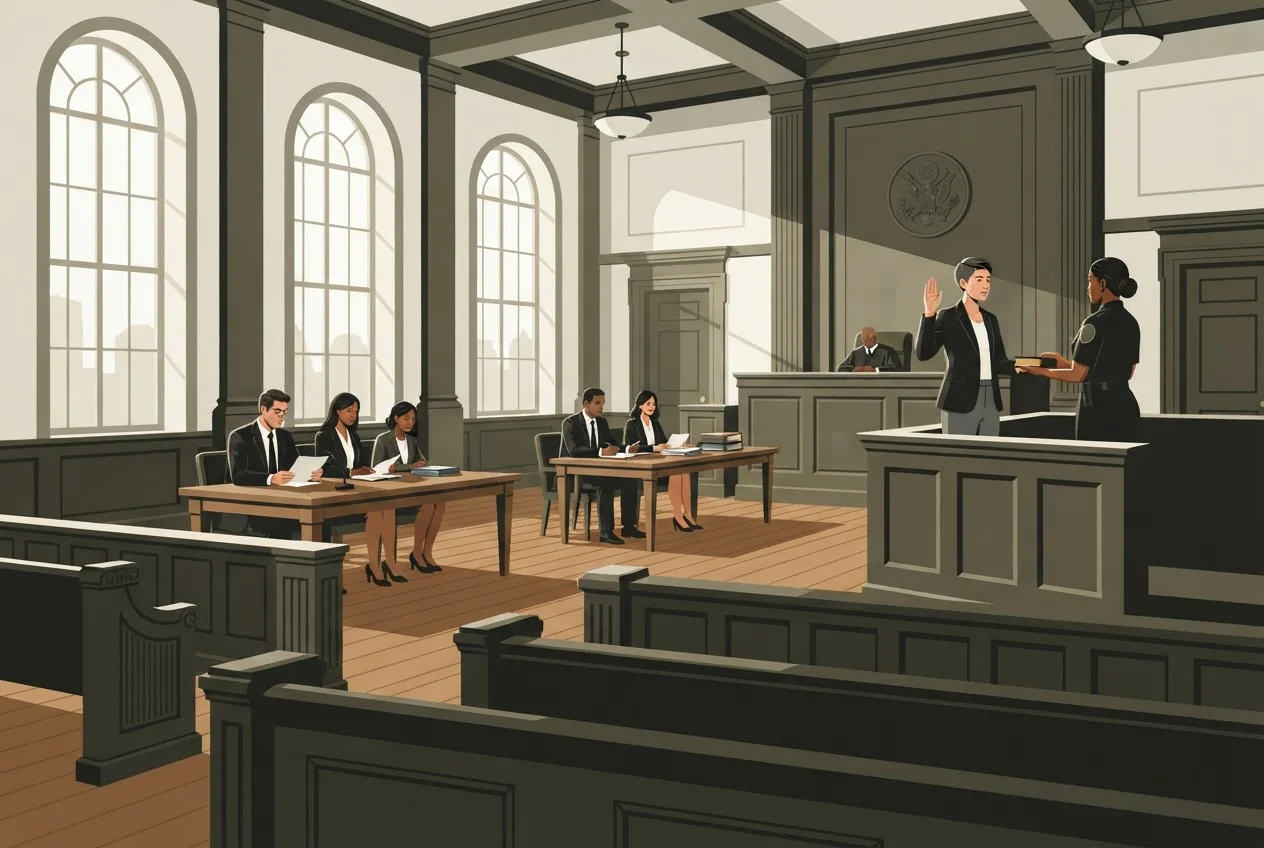 A witness raises a hand to be sworn in while a clerk faces them in a courtroom.