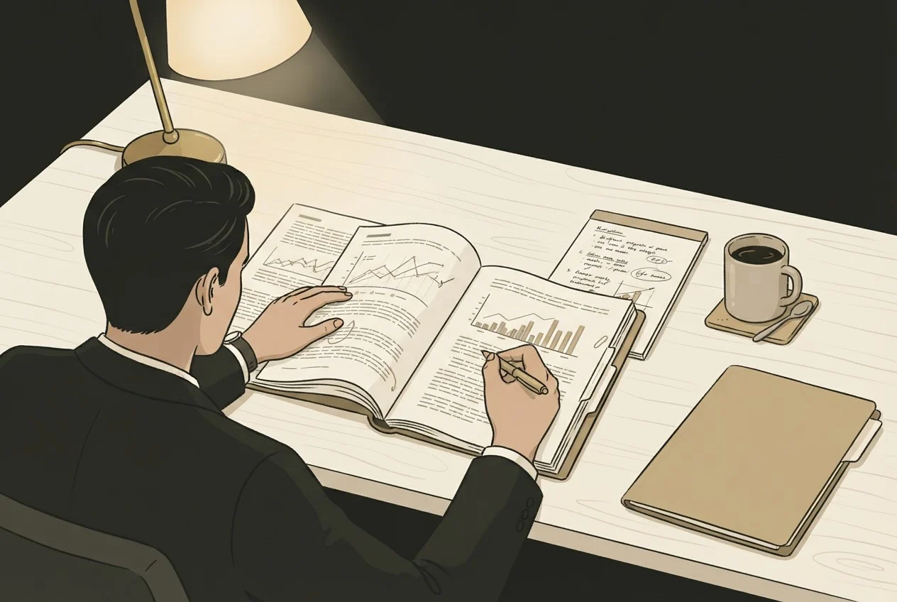 A professional reads through a printed report at a desk with a pen and notepad.