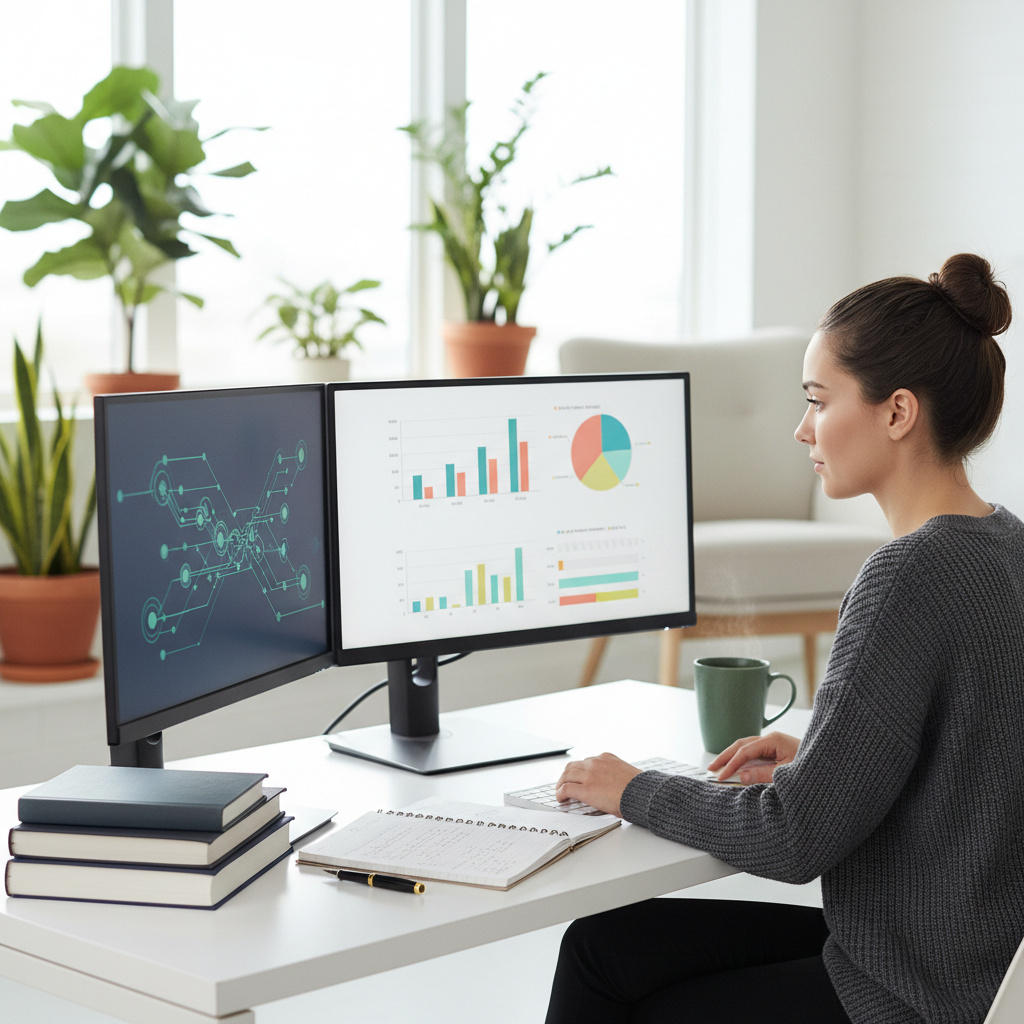 A focused professional studying with a dual-monitor setup showing educational charts, with textbooks and a cup of coffee on a clean desk.