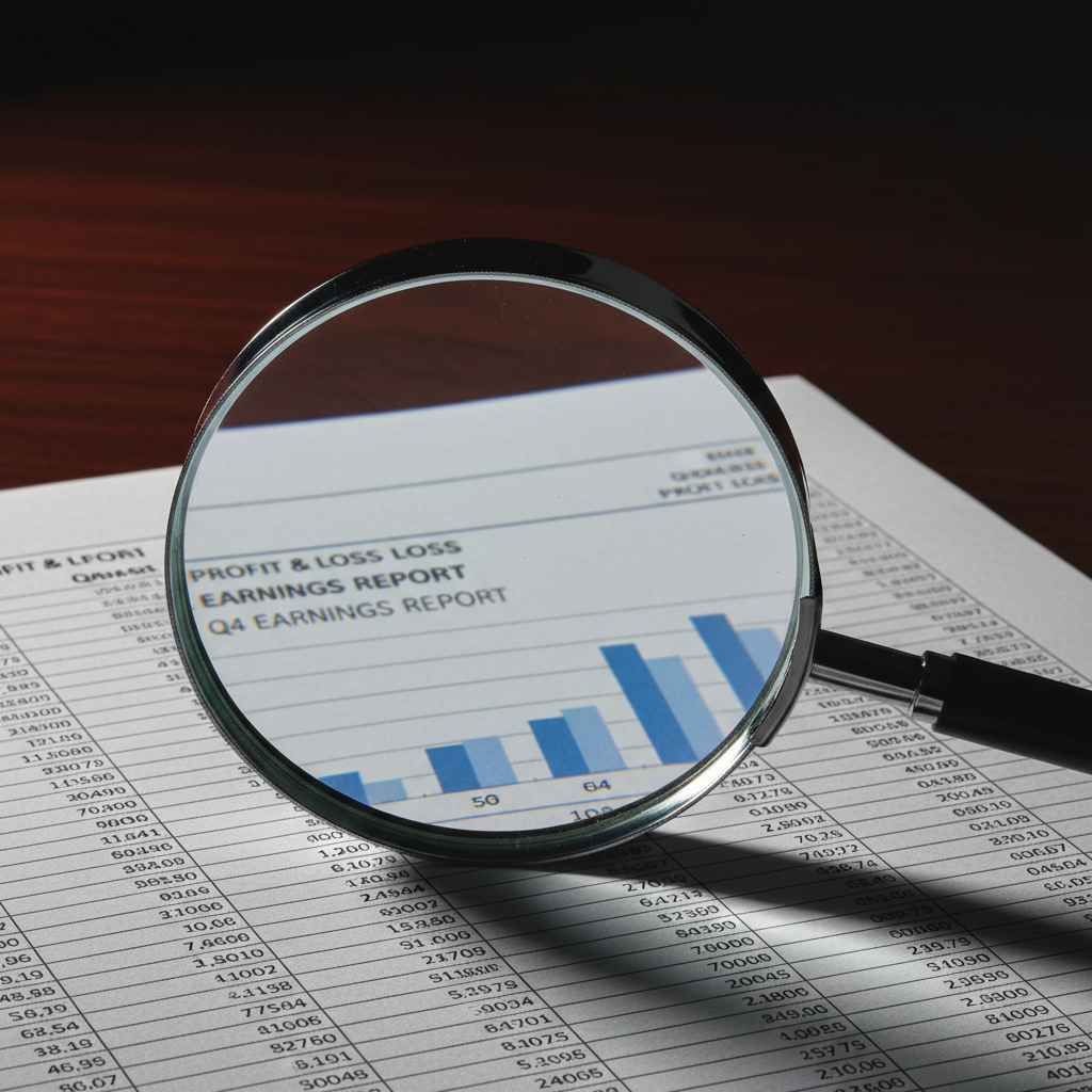 A close-up of a magnifying glass focusing on specific rows of a clean, printed financial spreadsheet on a dark wooden table.
