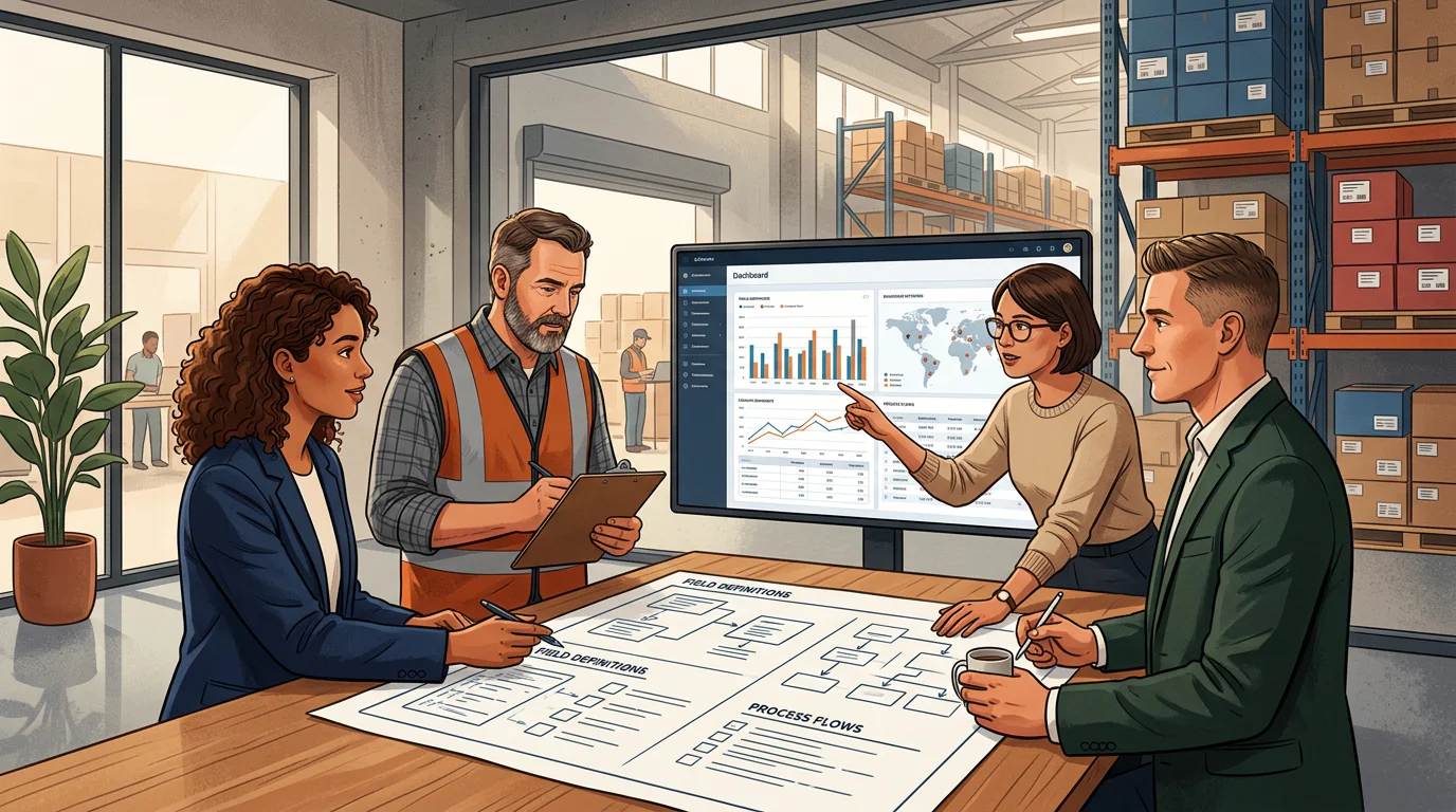Cross-functional inventory reporting team reviewing a shared data dictionary