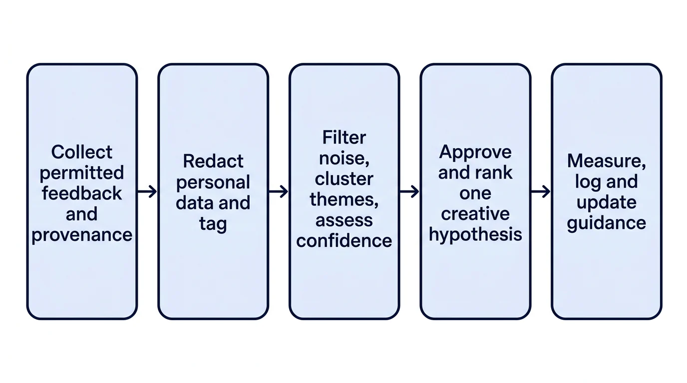 A five-step flow from permissioned feedback collection through review, creative testing and logged learning.