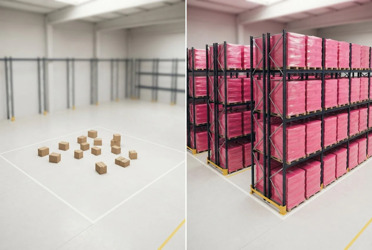Two equal warehouse bays, one nearly empty and one densely stacked with pallets on tall racking.